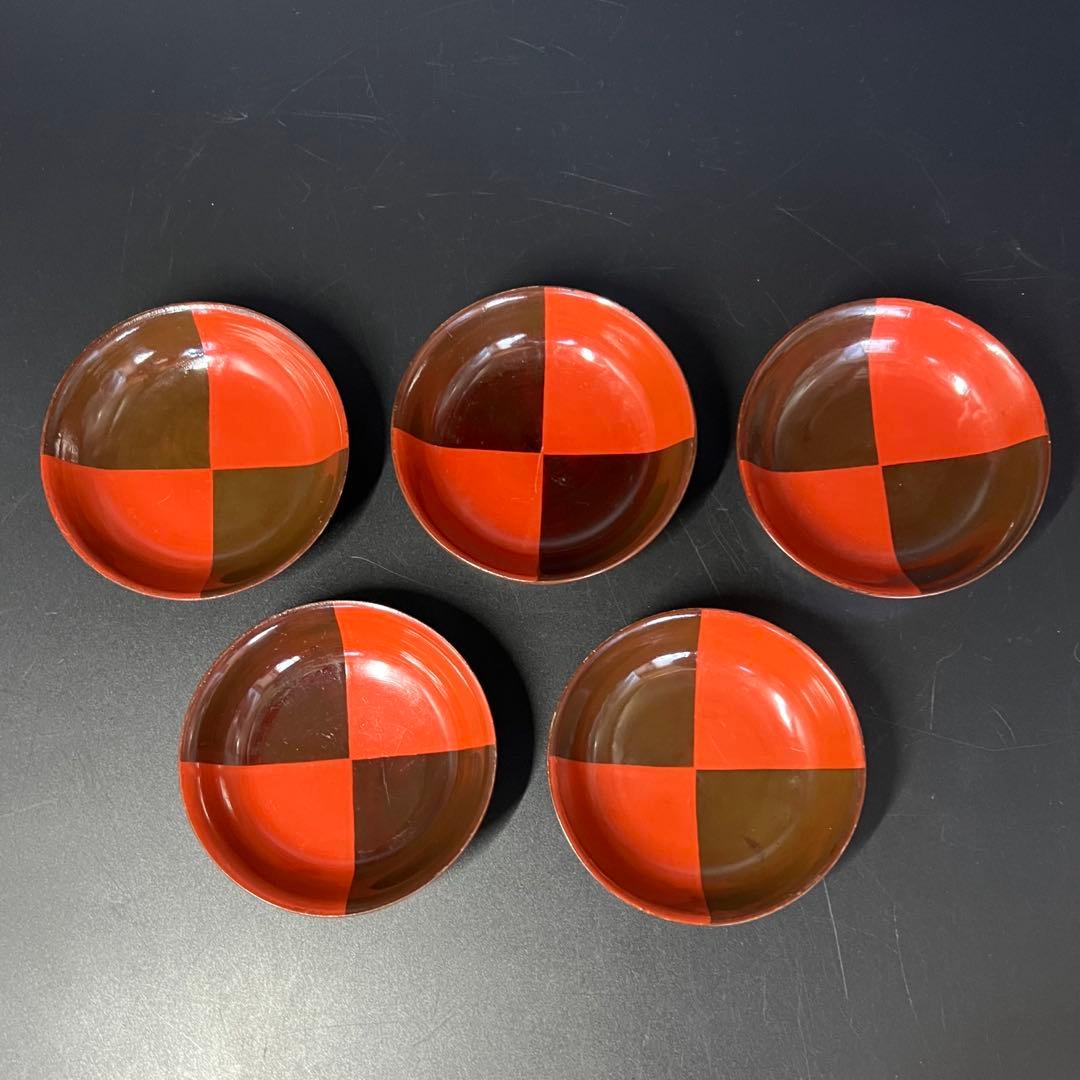 江戸後期 朱黒市松文 片身替 菓子皿 五客揃い 数寄者好み 漆皿 漆器 茶道具