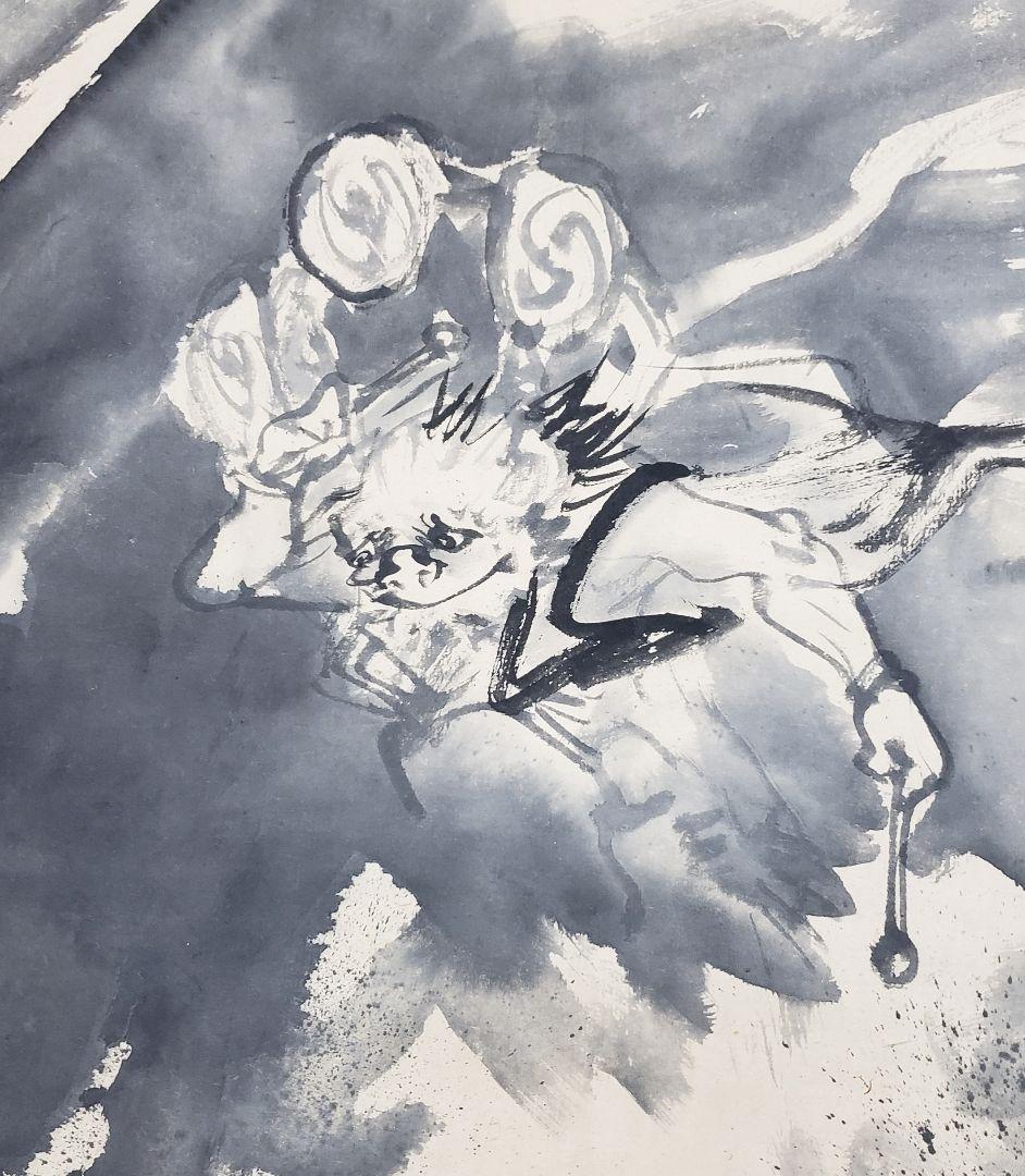 【雷神図】松吉樵渓 713 雷さん 雷公　掛け軸　肉筆