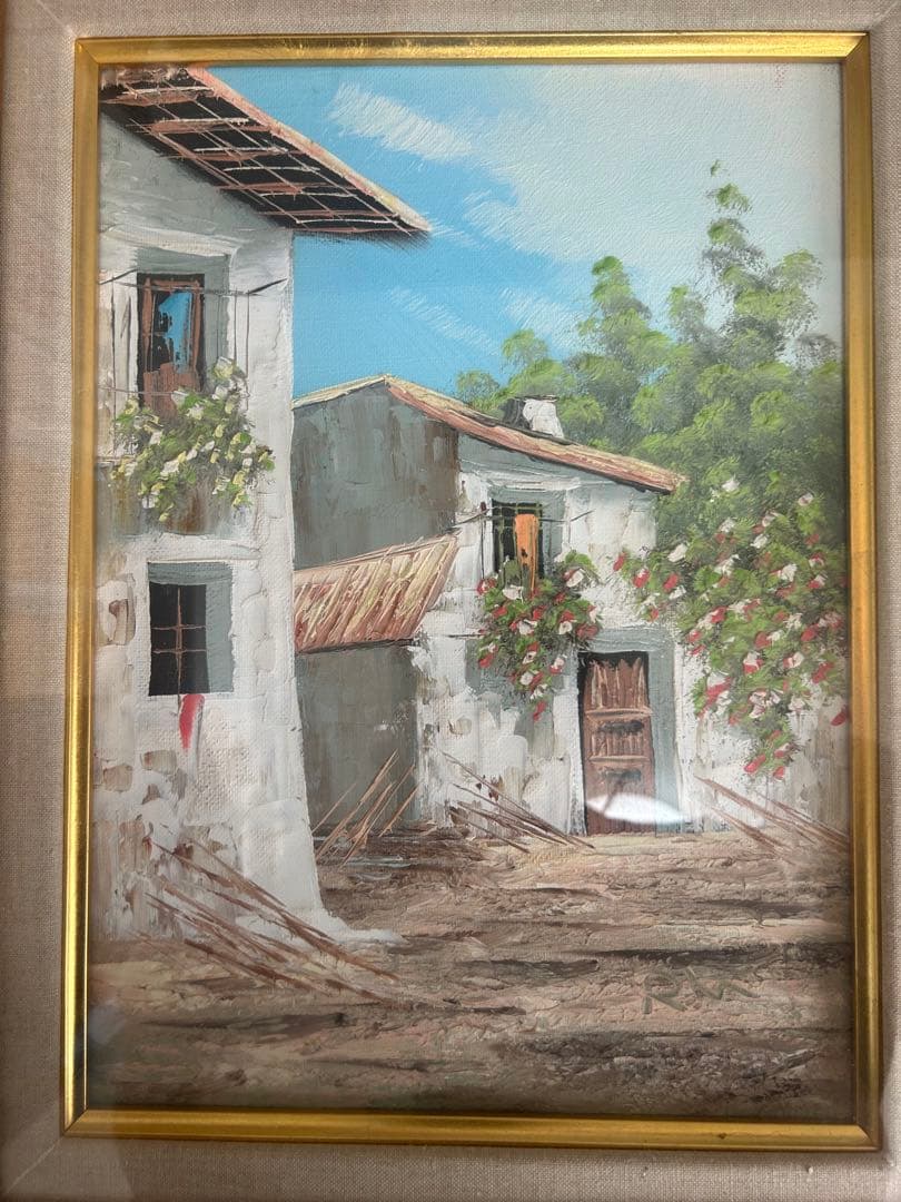 油彩画 風景画 花のある建物