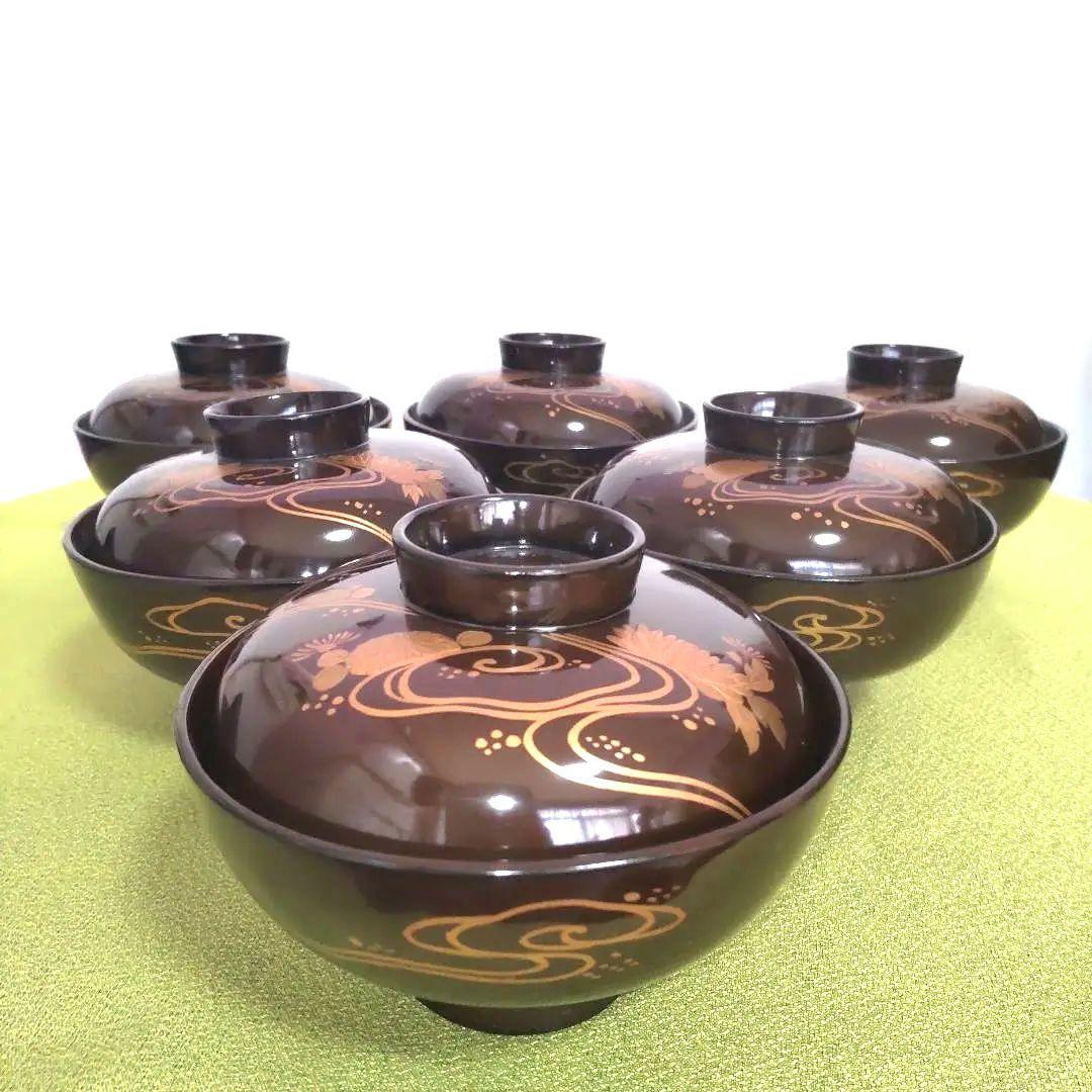 輪島塗 骨董 明治 漆器 椀 6客 金彩 花 牡丹 菊 沈金 木製 蓋付 天然木