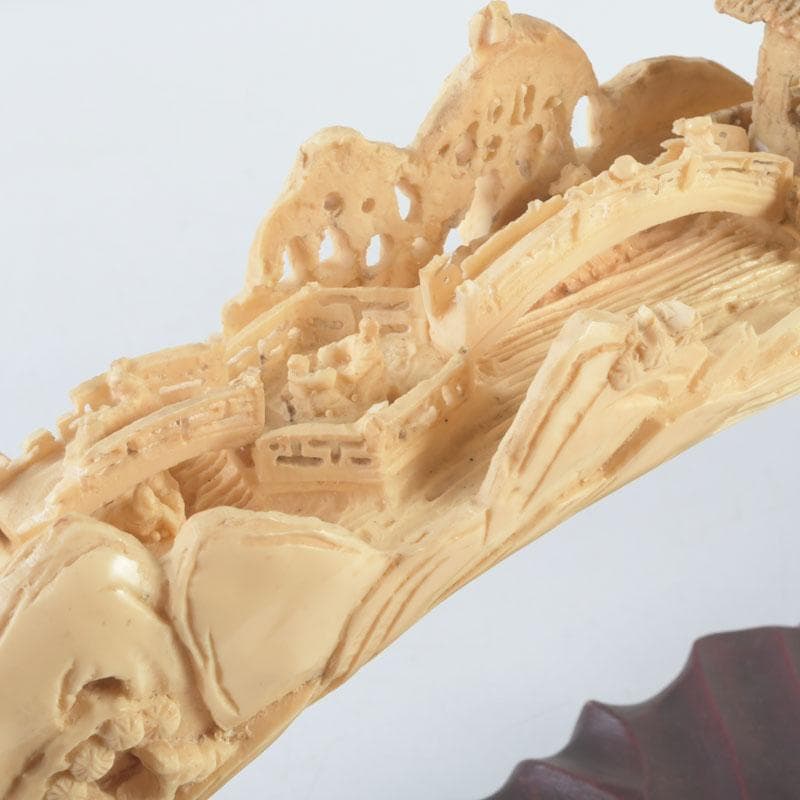 中国　河馬牙製　楼閣山水透かし雕　床飾　置物　唐木台付　V　9341