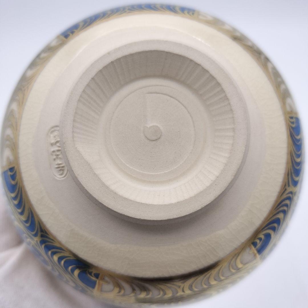 a370 茶碗　浅葱市松観世水画　祥平　清閑寺窯　茶道具　茶道　古物