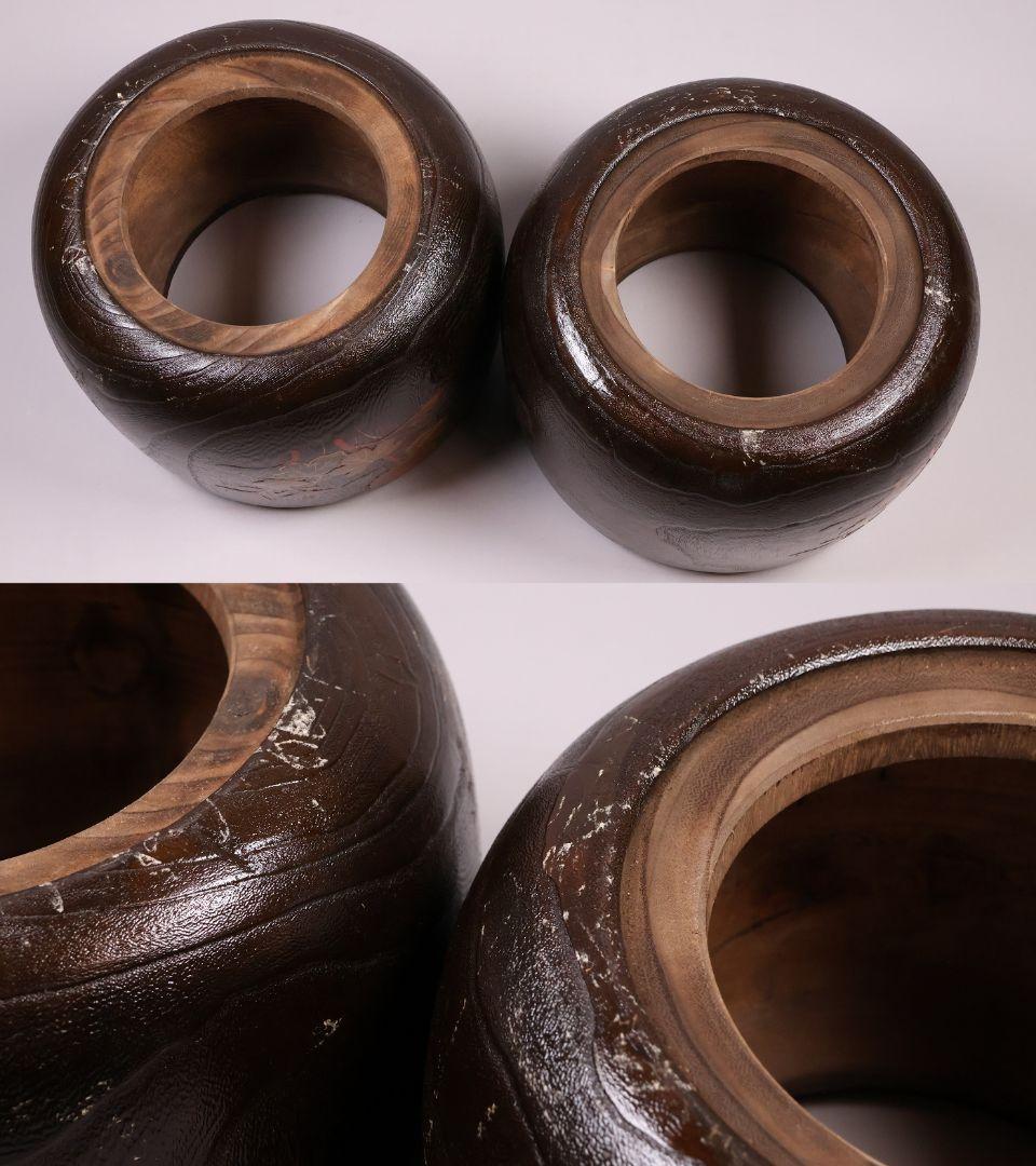 桐火鉢一対 菊蒔絵 草花 木箱入り 手あぶり 古民具 漆芸 茶道具【MB55】