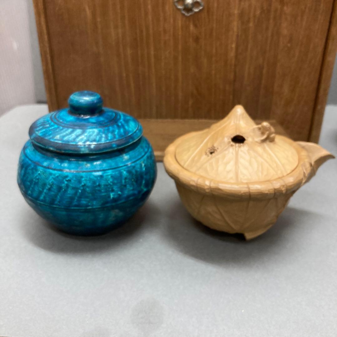 茶道具　煎茶揃　急須　蓋カラクリ、茶入、茶碗3、鉢、盆　旅箪笥　共箱　S70ST