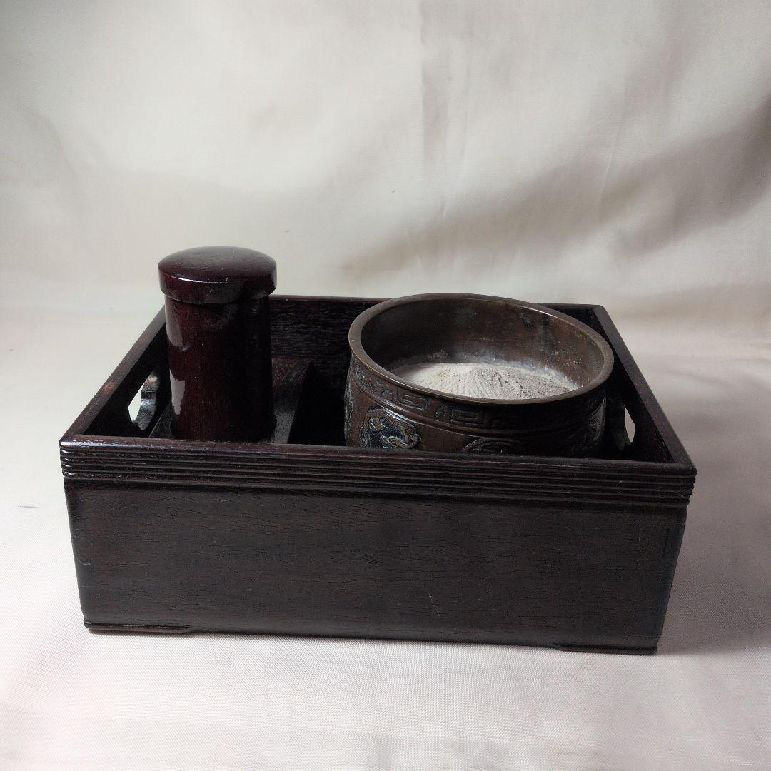 煙草盆　唐木　銅（龍の図）火入れ