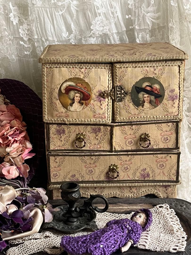 アンティークブロカントフレンチフランスカルトナージュボックスローズ布箱チェスト