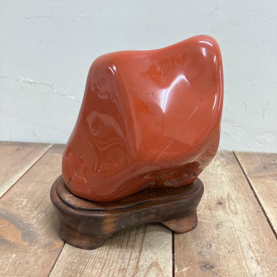 E-4 昭和レトロ 鑑賞石 赤石 飾り石 碧玉 磨き石 台座付き 石 ストーン