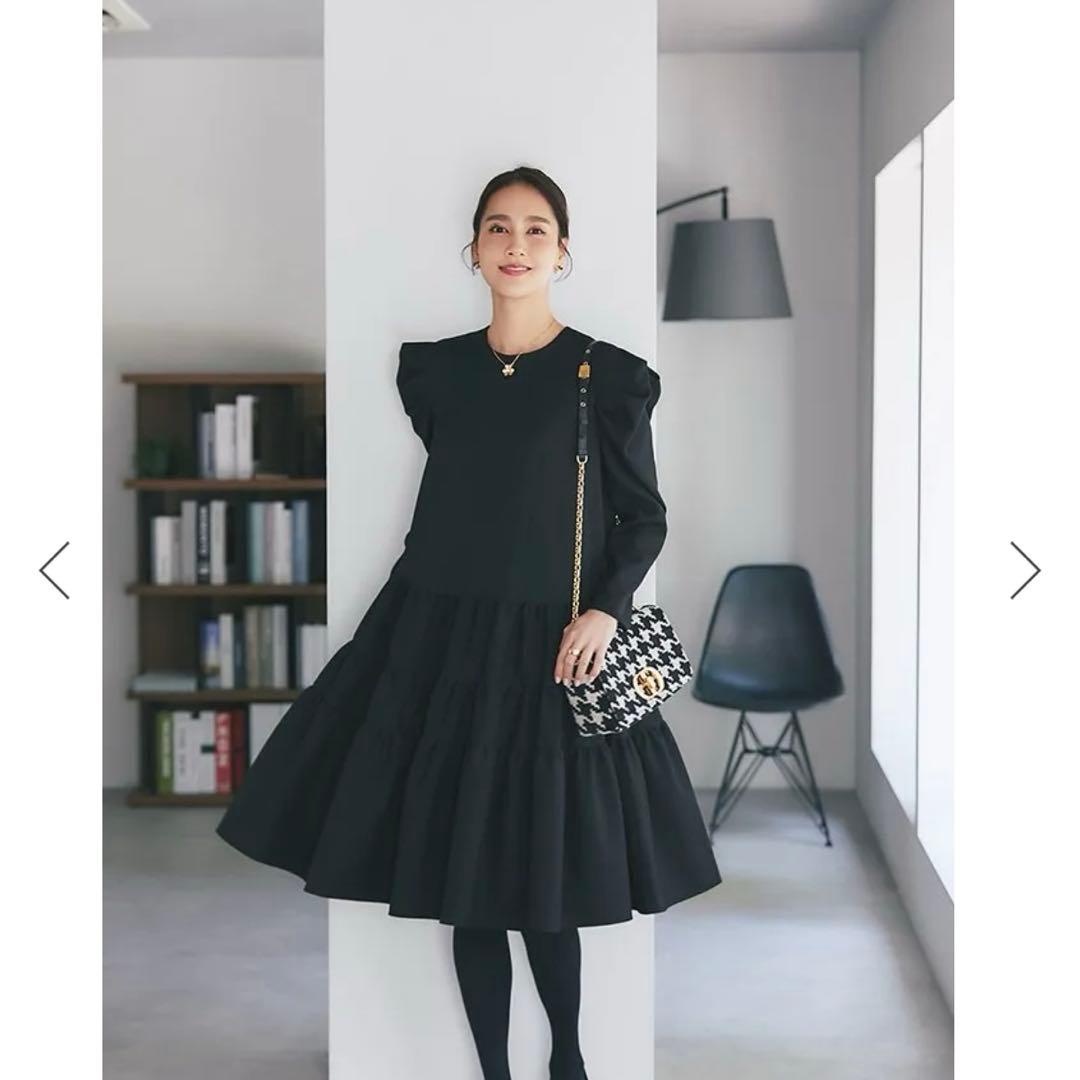 セブンテン　SEVEN TEN ウールライクティアードワンピース　ブラック　M