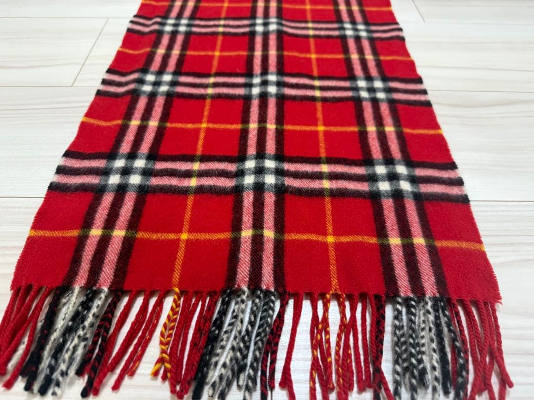バーバリー　カシミヤ　マフラー　チェック　レッド系