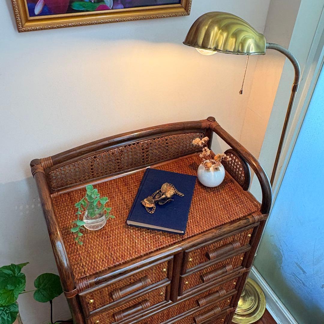 ラタン チェスト 8杯引き出し ヴィンテージ 籐家具 真鍮鋲付き バンブー