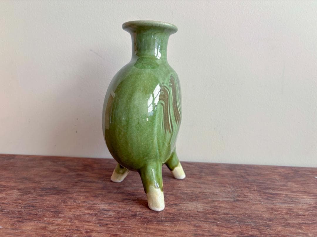 舩木研児　緑釉　三脚花生　共箱付　無傷　希少　民藝　バーナードリーチ