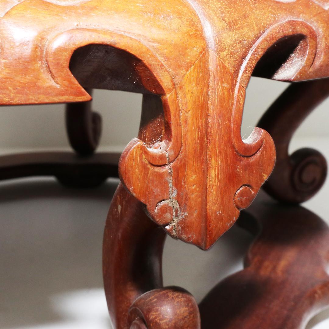 唐木　花台　盆栽台　透かし彫丸卓　卓