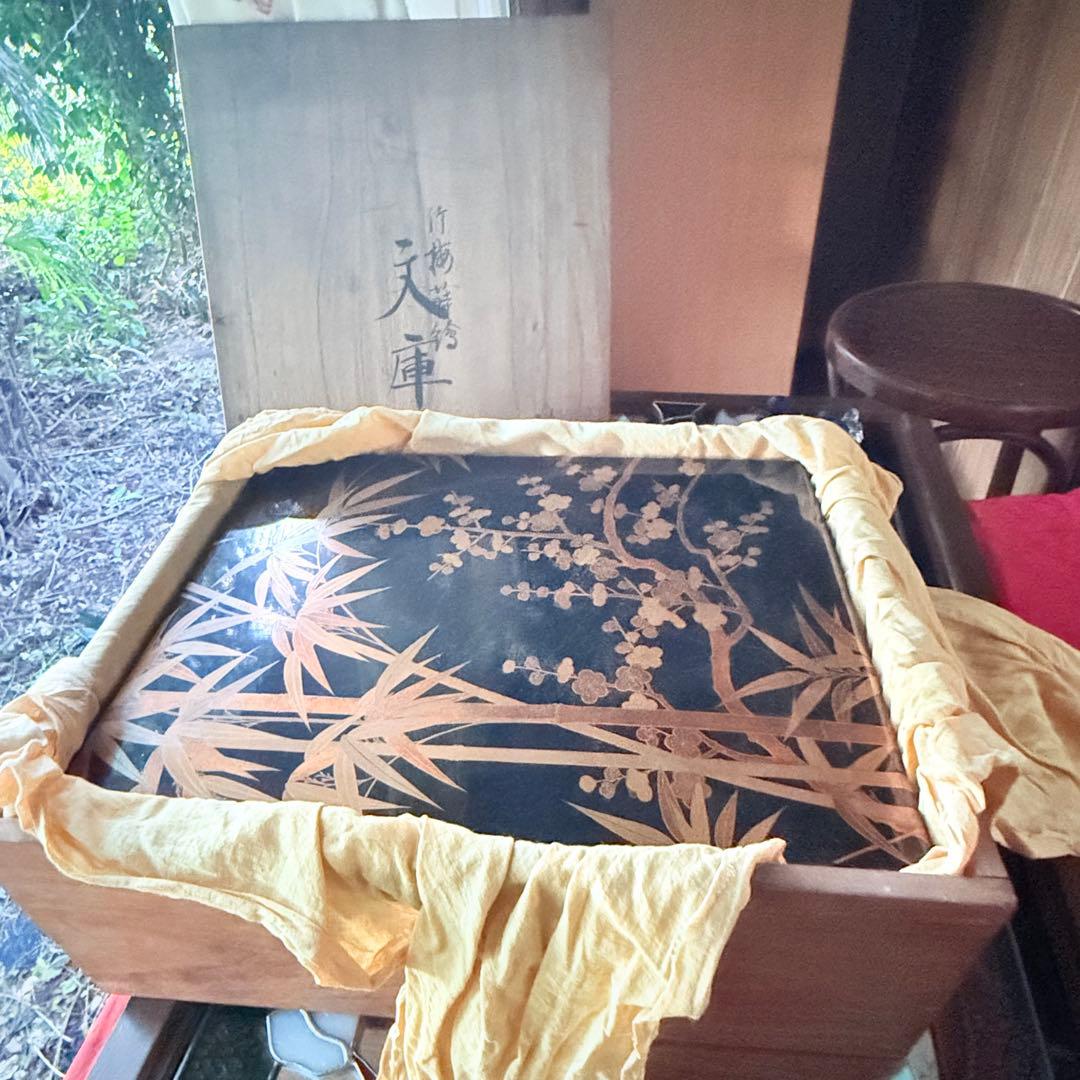新春特別価格 ‼️JAPAN蒔絵天然木本漆 竹梅蒔絵　文箱料紙箱桐箱黄布付1客