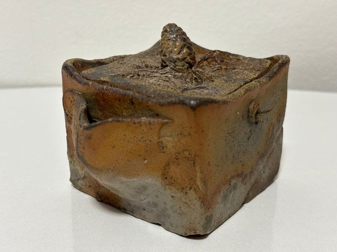 ⑰備前焼 宝瓶 登り窯 松 まつ 4角 手びねり 急須