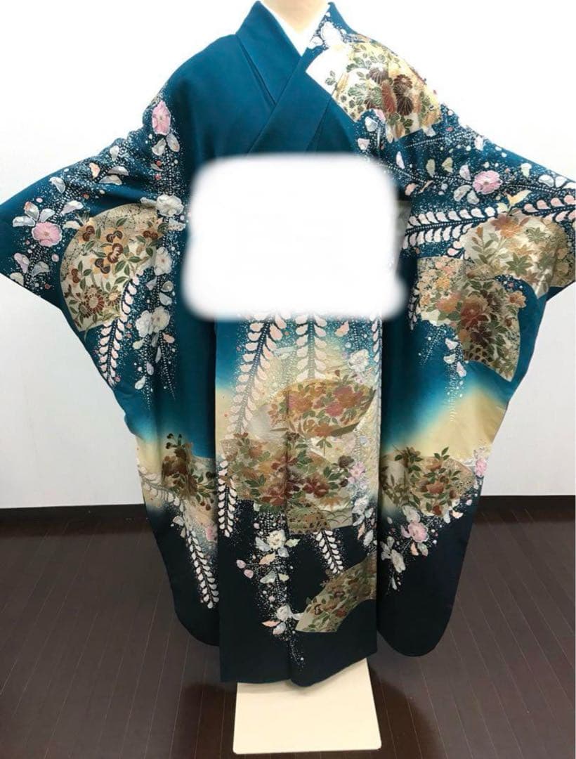 振袖　翠山工房　青緑　絞りに金彩　華やか　裄70