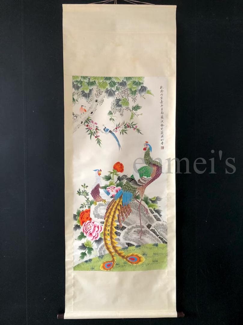 中国古美術・純手描き四尺孔雀と花掛軸・国画・沈銓印款•珍品画・肉筆・文房置物