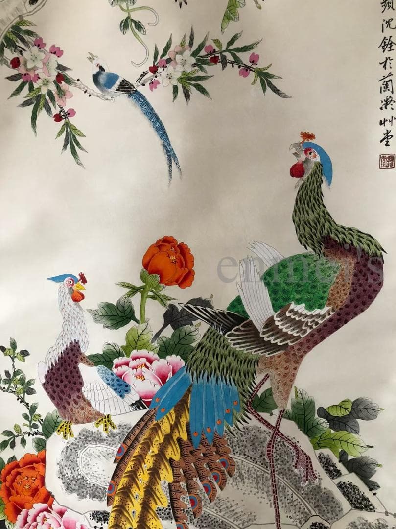 中国古美術・純手描き四尺孔雀と花掛軸・国画・沈銓印款•珍品画・肉筆・文房置物