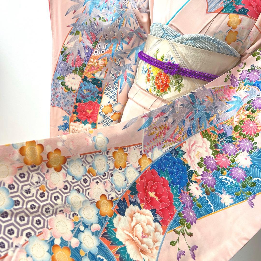 435 振袖フルセット 正絹 難あり 桃 ピンク 水色 紫 カラフル