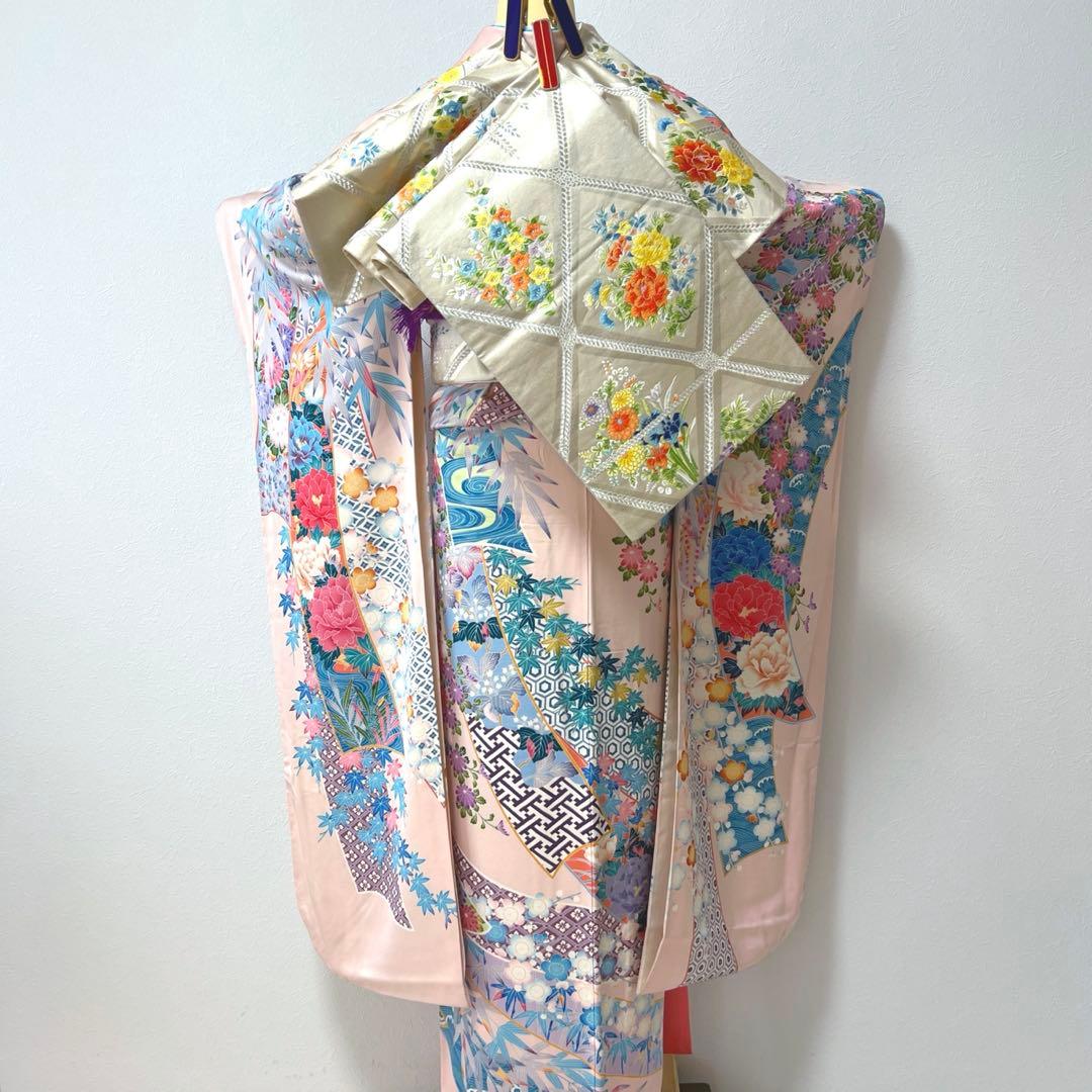 435 振袖フルセット 正絹 難あり 桃 ピンク 水色 紫 カラフル