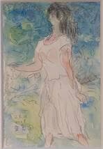 【真作】絵画　山田耕三　水彩0号　若い女　やわらかなタッチ　箱入　Y186