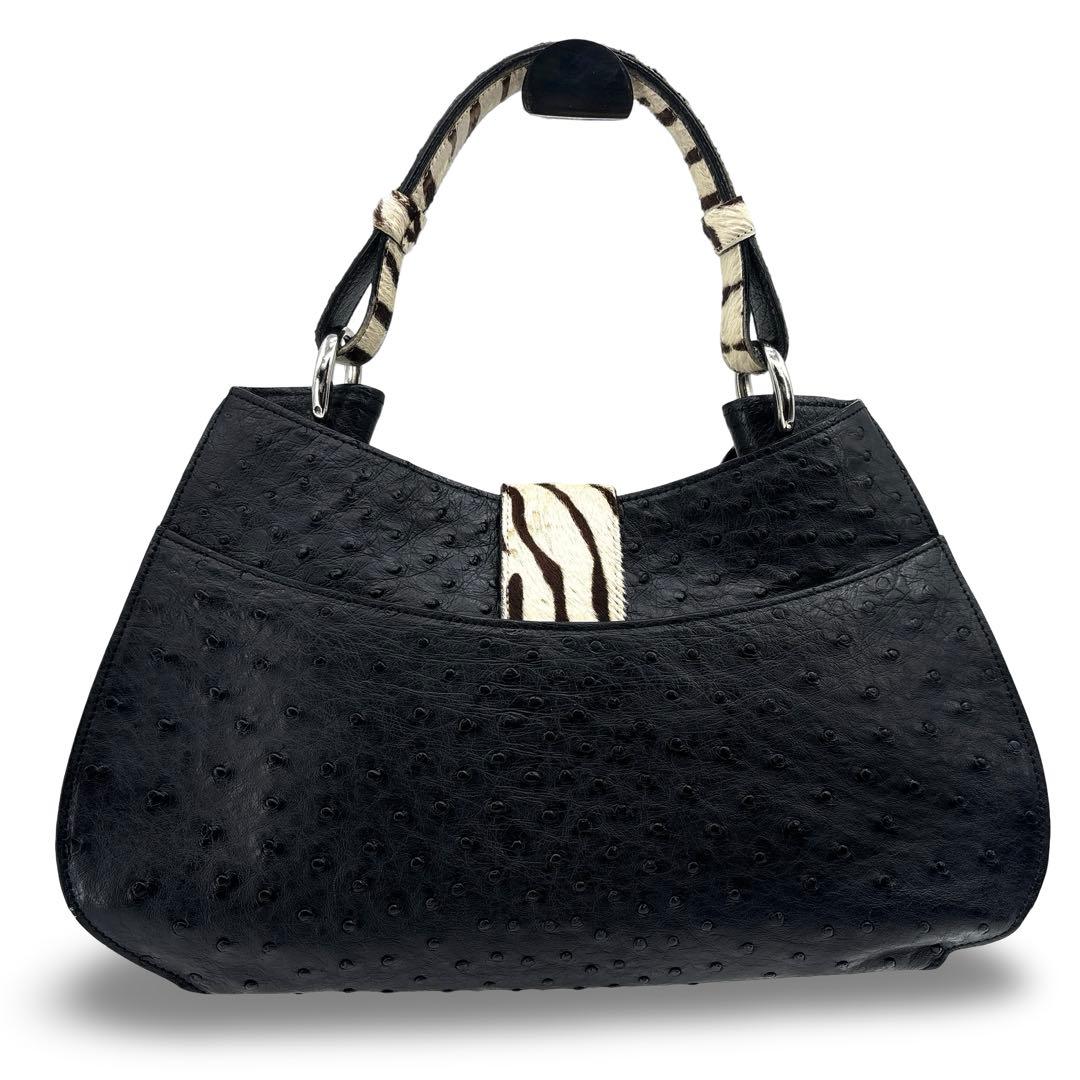 【極美品】JRA認定　ハラコ　オーストリッチ　ハンドバッグ　レザー　革　黒