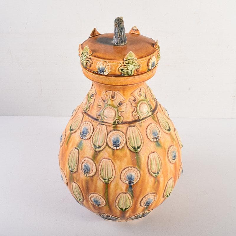 中国　唐三彩　蓋壷　飾壷　C　R8539H