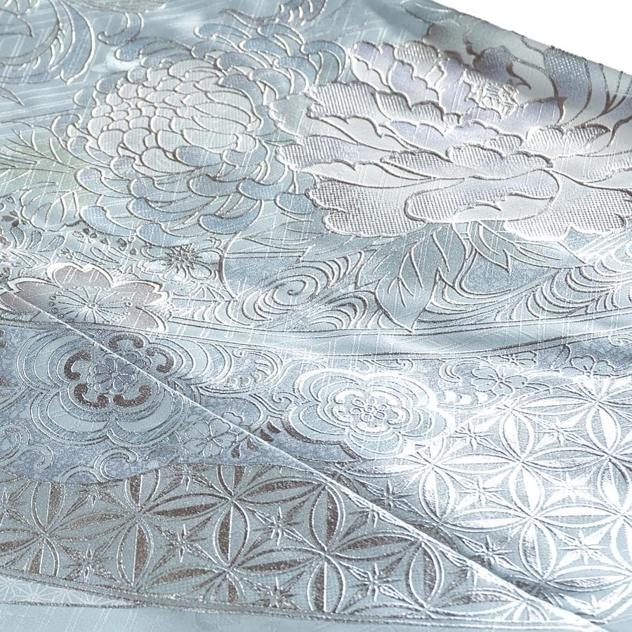 専用　ご予約　振袖　未仕立て　仮絵羽　アイスブルー　牡丹　桜　熨斗目　銀彩加工