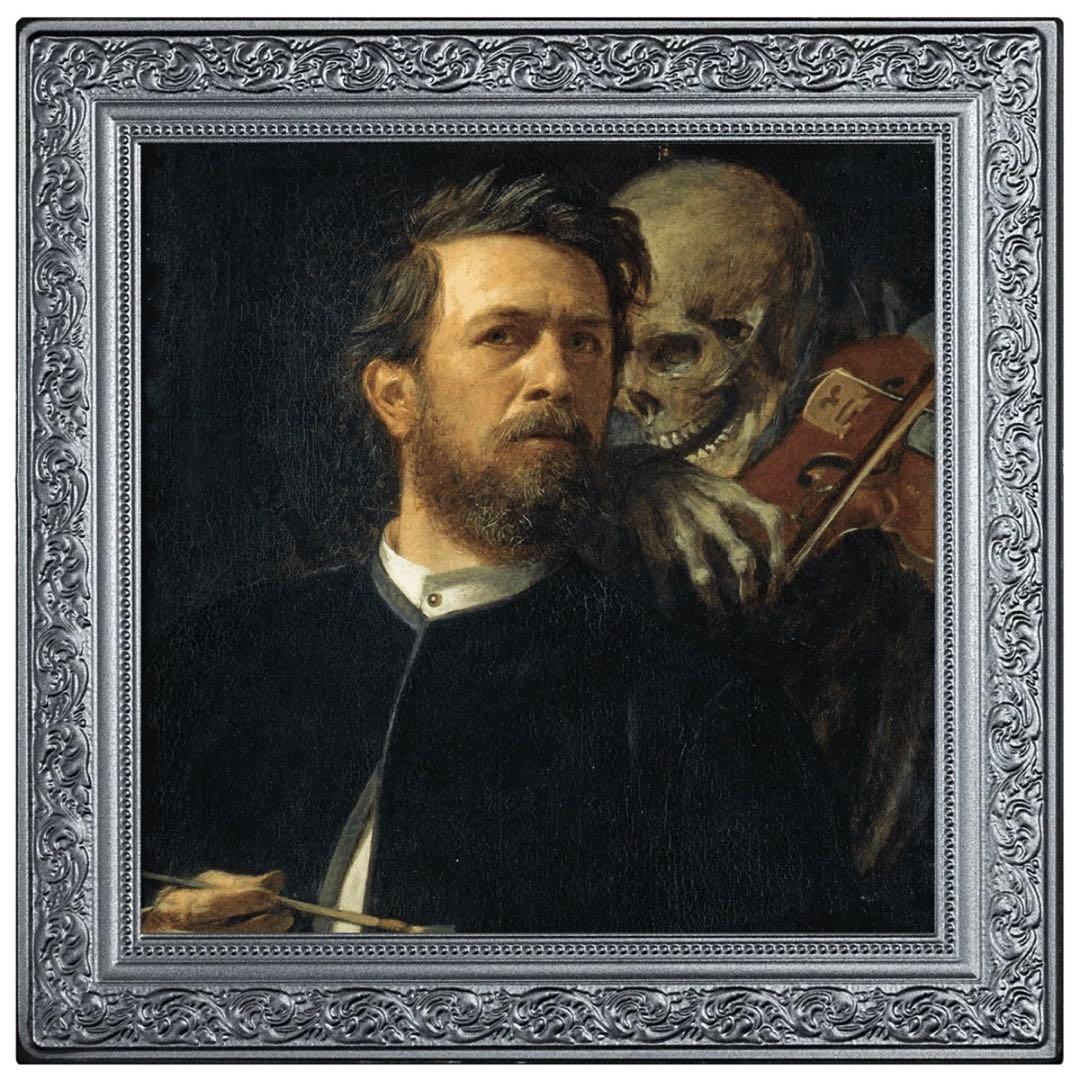 銀貨 四角型 ヴァイオリンを弾く死神のいる自画像 ブラックプルーフ 1オンス