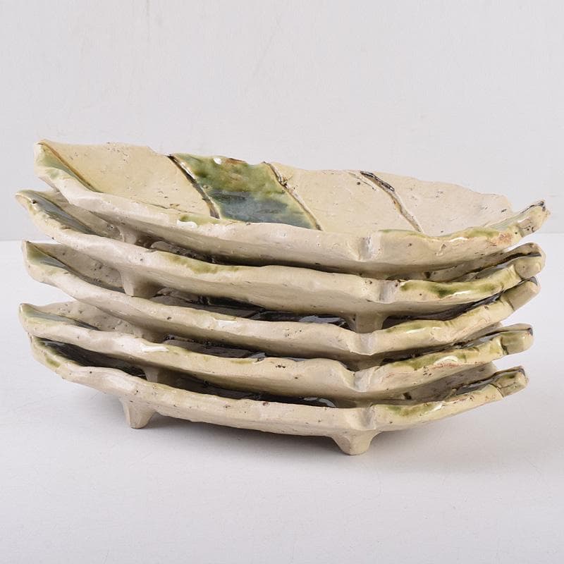 北大路魯山人作　織部焼　木之葉皿　五客　共箱　U　R8974