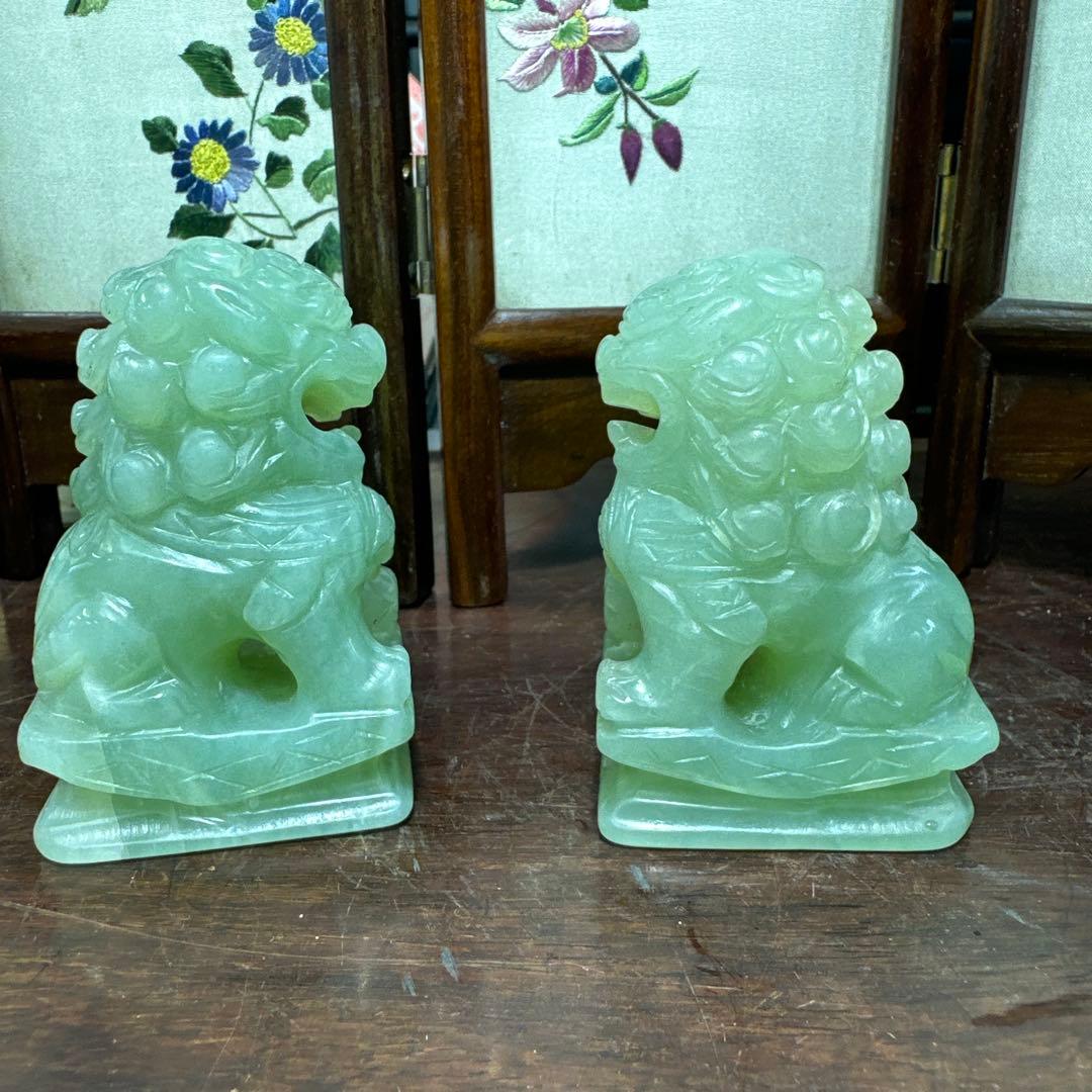 彫刻，置物，玉石，翡翠，獅子像 2体セット