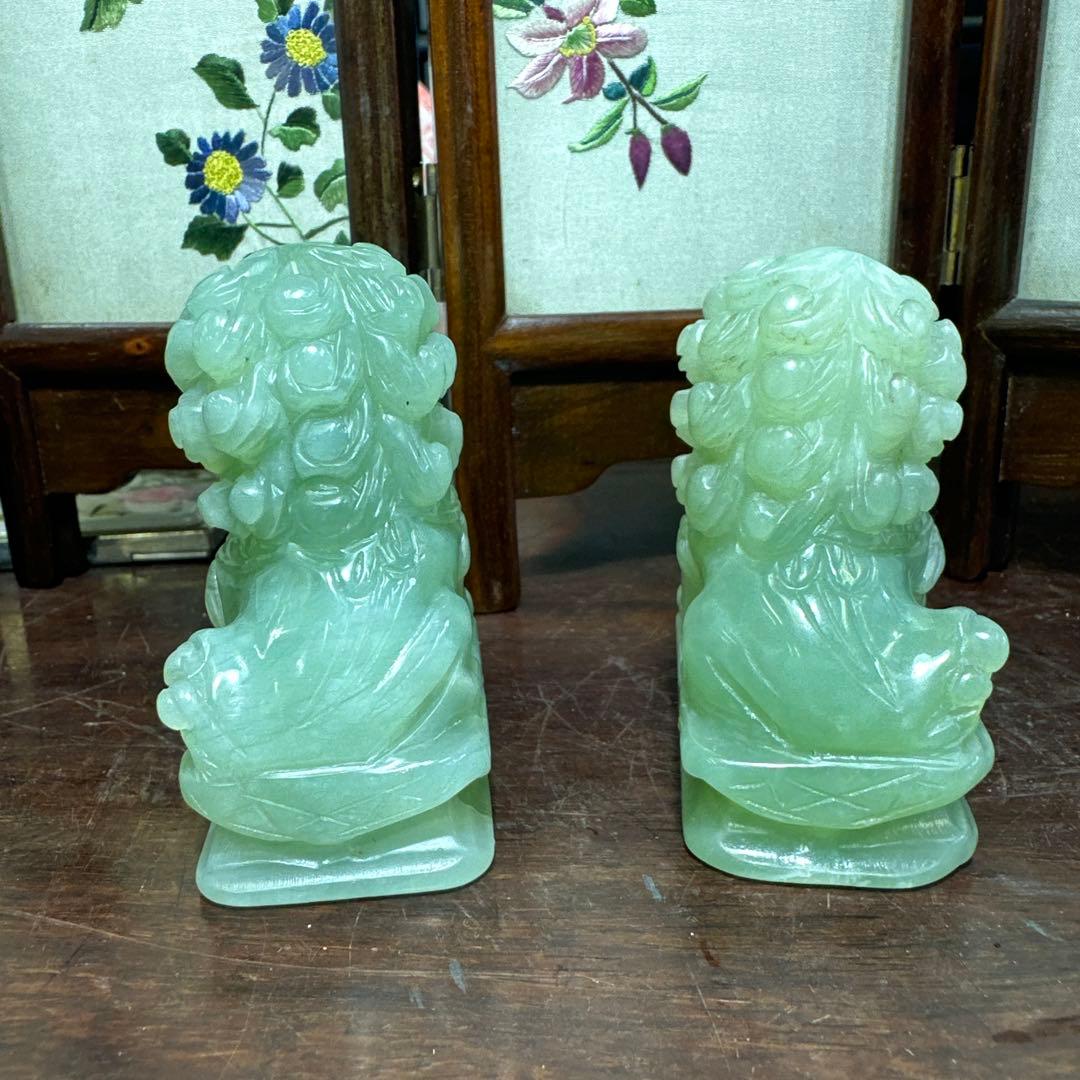 彫刻，置物，玉石，翡翠，獅子像 2体セット