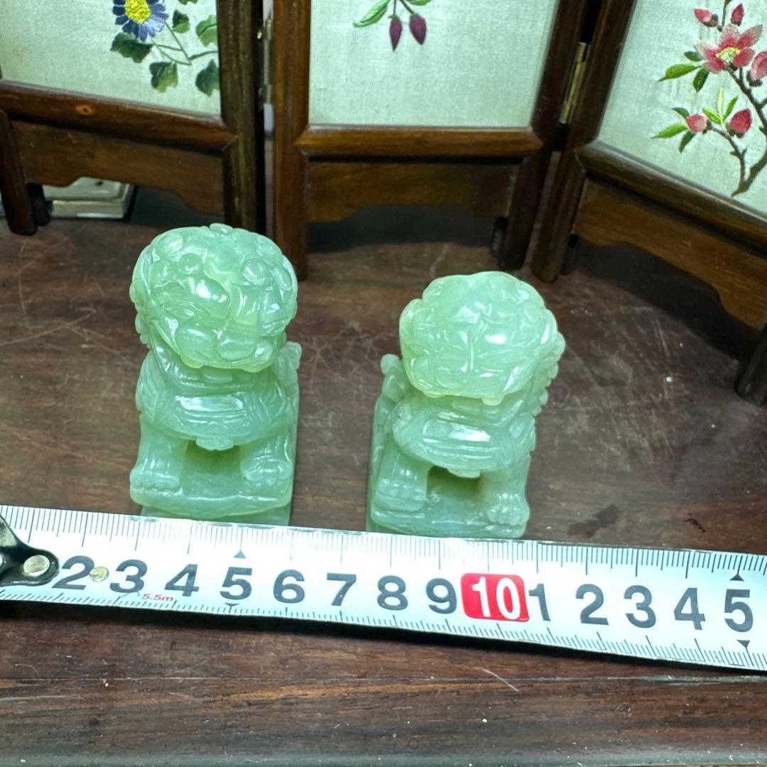 彫刻，置物，玉石，翡翠，獅子像 2体セット