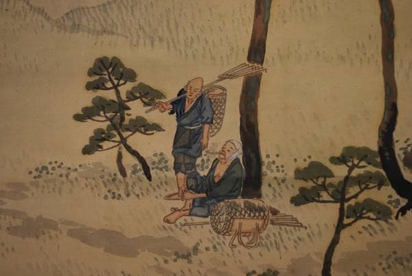 真作/義堂/山水人物図/布袋屋掛軸B-382