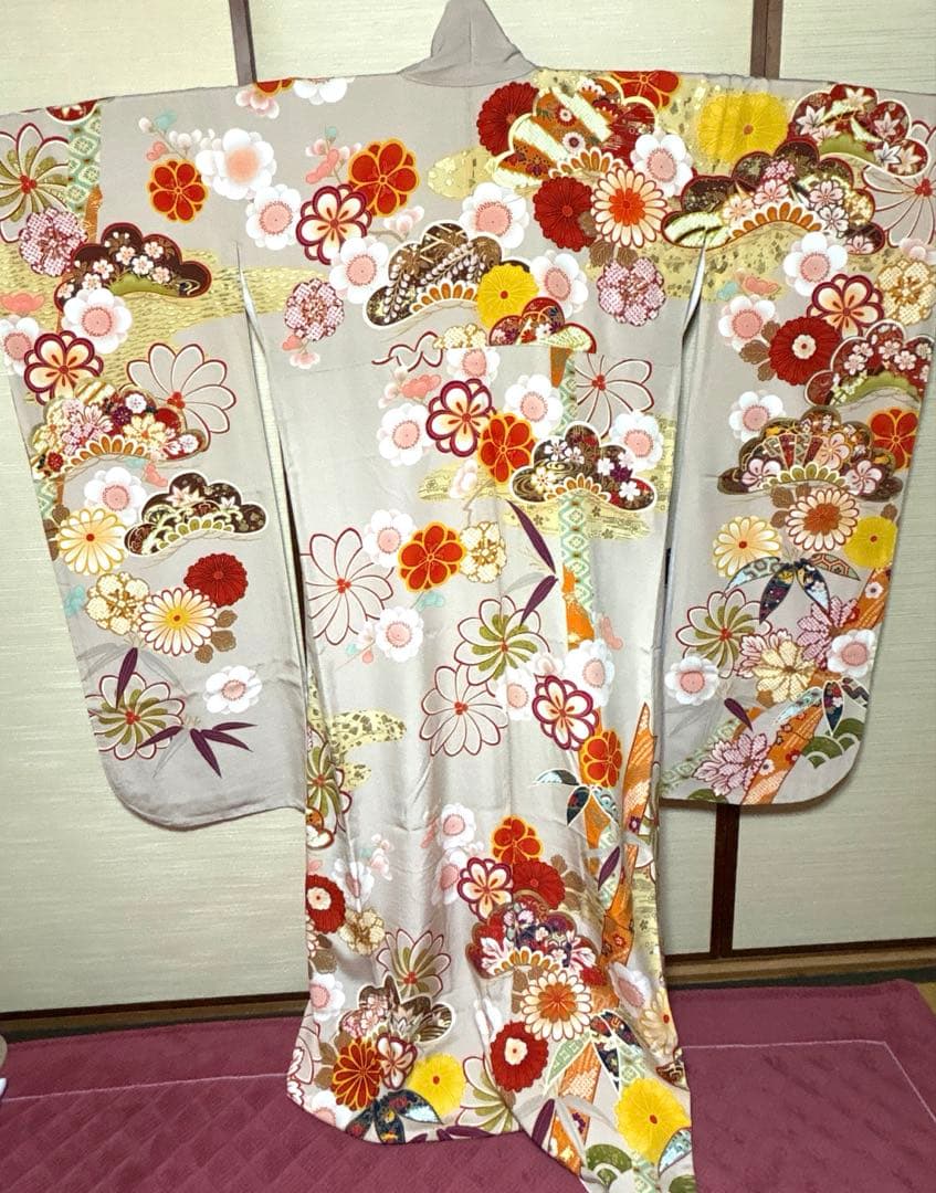 白茶色 吉祥 花々柄 振袖 身丈164