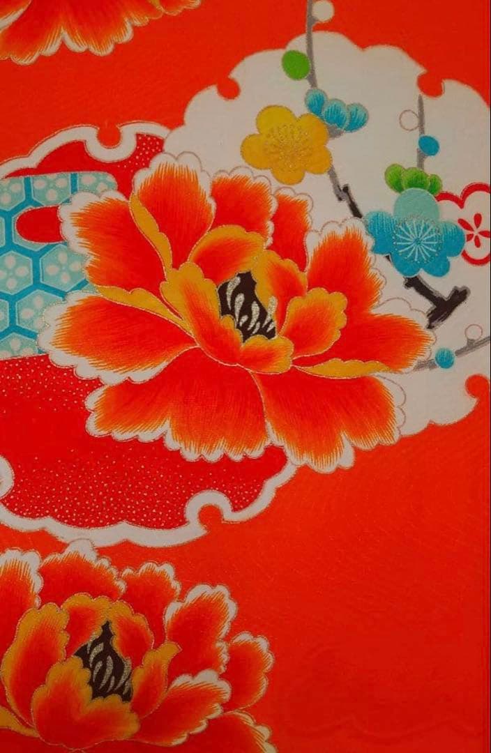 七五三　3歳で使用　オレンジ花柄着物•髪飾りセット