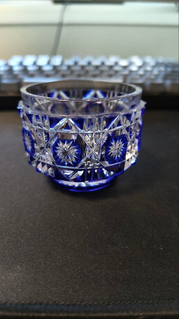 薩摩切子 猪口 八角 籠目文 青　酒器　ぐい呑み　切子