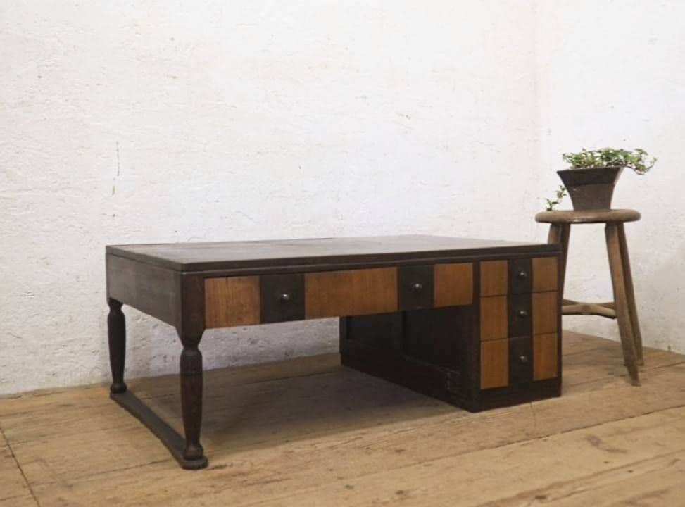 1046　ヴィンテージ　ロータイプの片袖机　テーブル　収納棚　引き出し　他レトロ