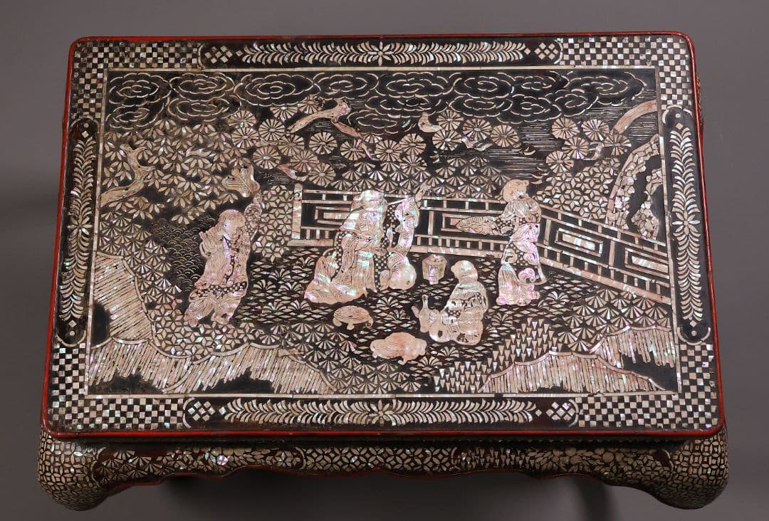 【MA732】時代 中国美術 人物文 螺鈿細工 二段卓 花台 木製 香炉台