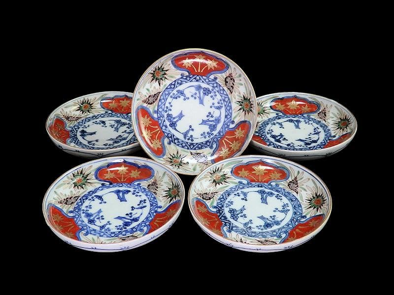 古伊万里　色絵　窓絵　貝の図　４寸皿　５枚　A137AS-CYs