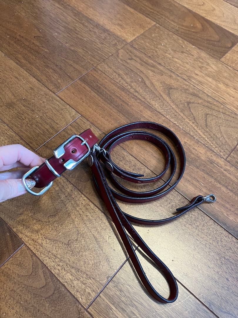 本革　首輪・リードセット　赤