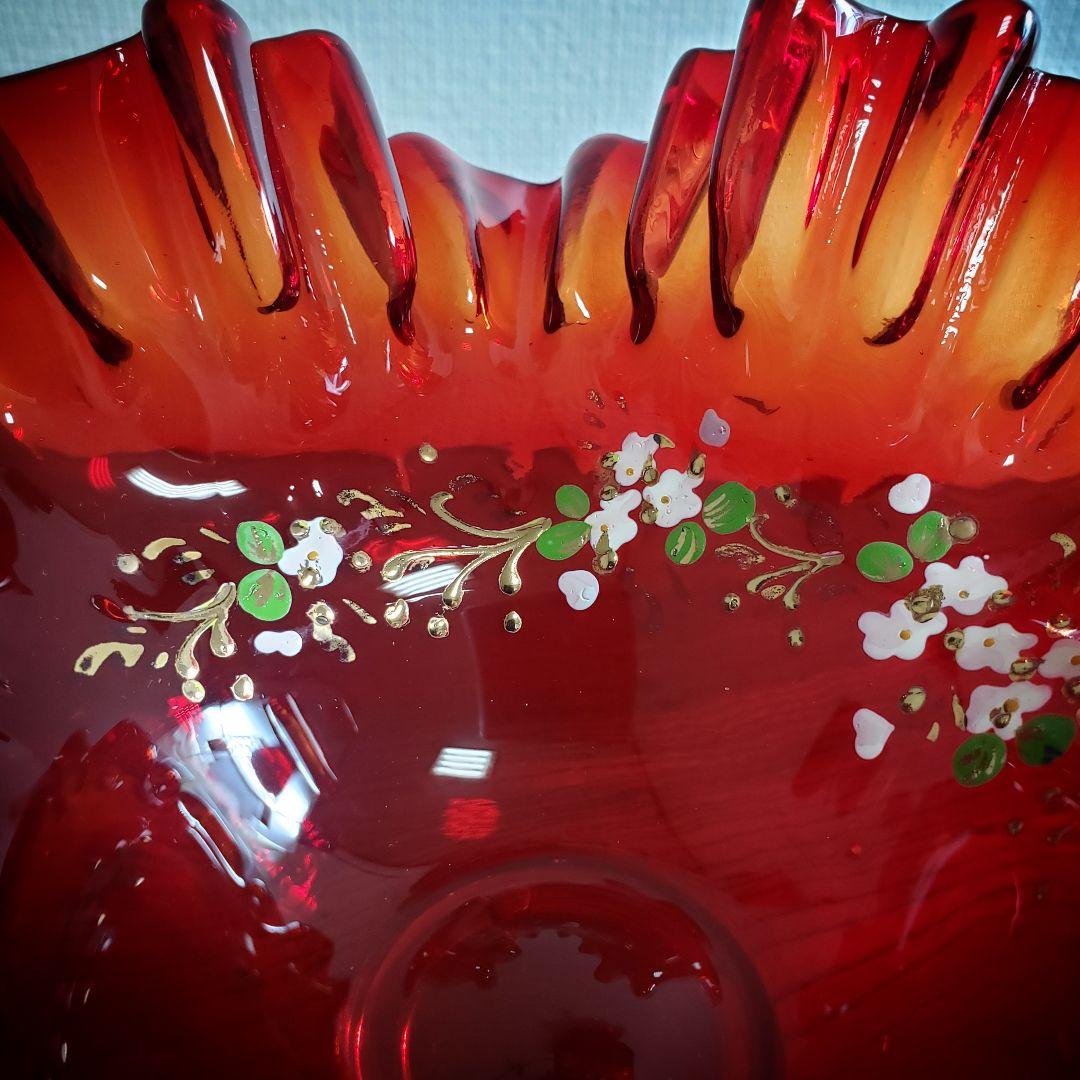 デザートグラス　氷コップ　色ガラス　輪花　ウランガラス　色絵付　明治　大正