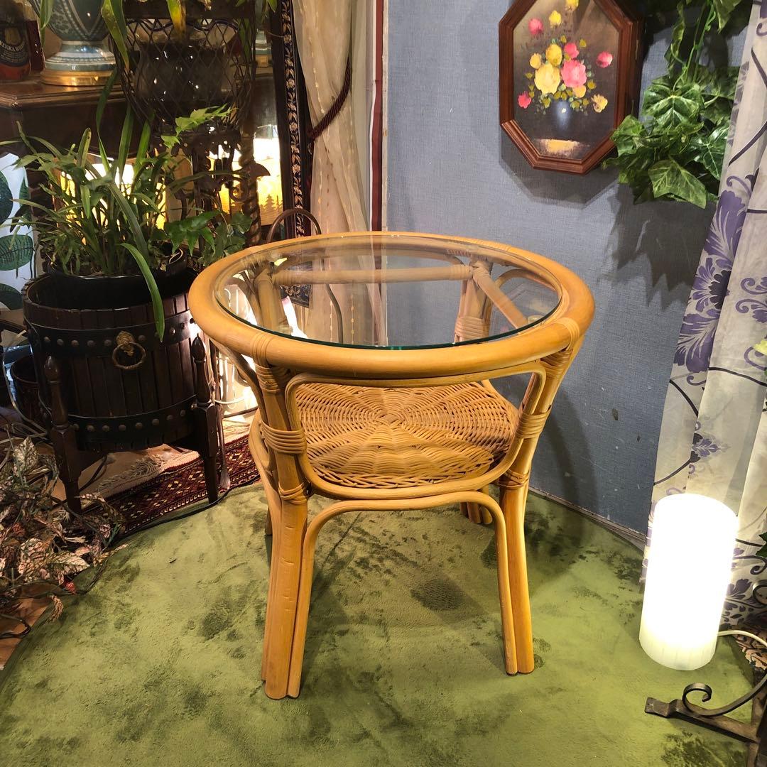 ナチュラル　籐ラタンフレーム サイドテーブル 丸テーブル