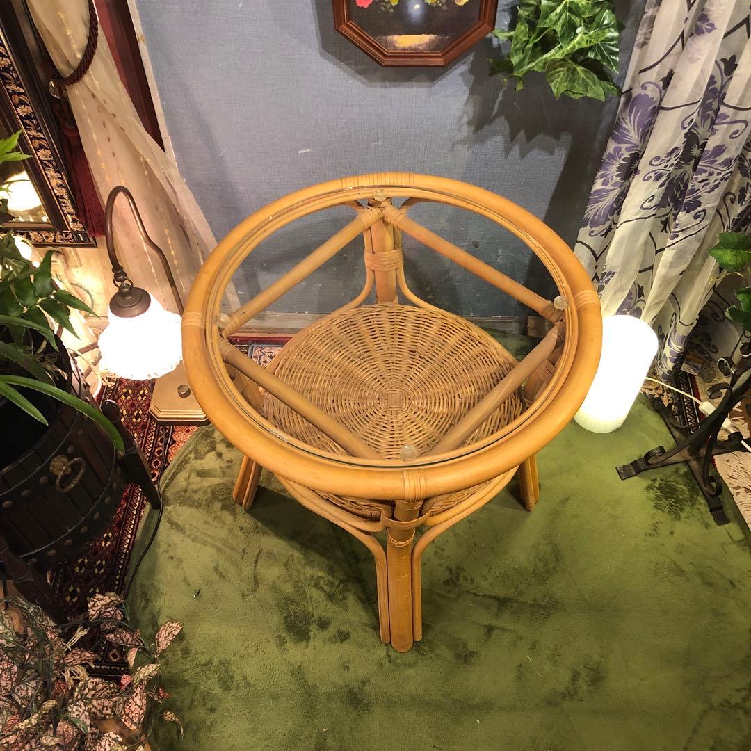 ナチュラル　籐ラタンフレーム サイドテーブル 丸テーブル