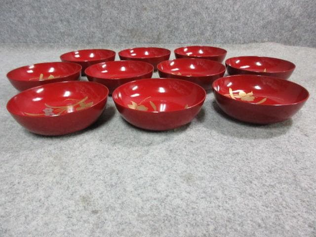 朱塗蒔絵花柄木皿10枚 [B25359]