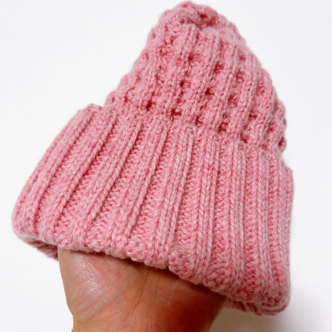 美品45R カシミヤビッグワッフルのニット帽 ピンク フリーサイズ ユニセックス