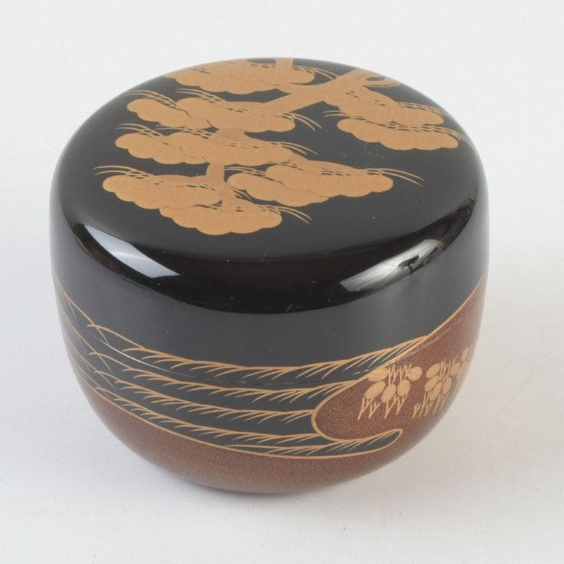 茶道具　漆塗　瑞雲造　老松蒔絵　平棗　共布共箱　V　9495