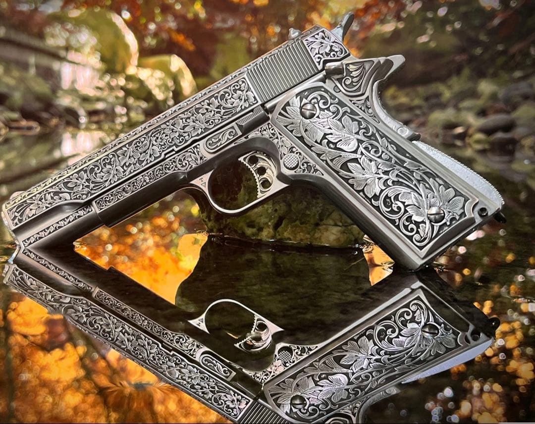 1911タイプ対応 グリップ周辺 装飾パーツ ステンレス製 巻草彫刻 工芸仕上げ