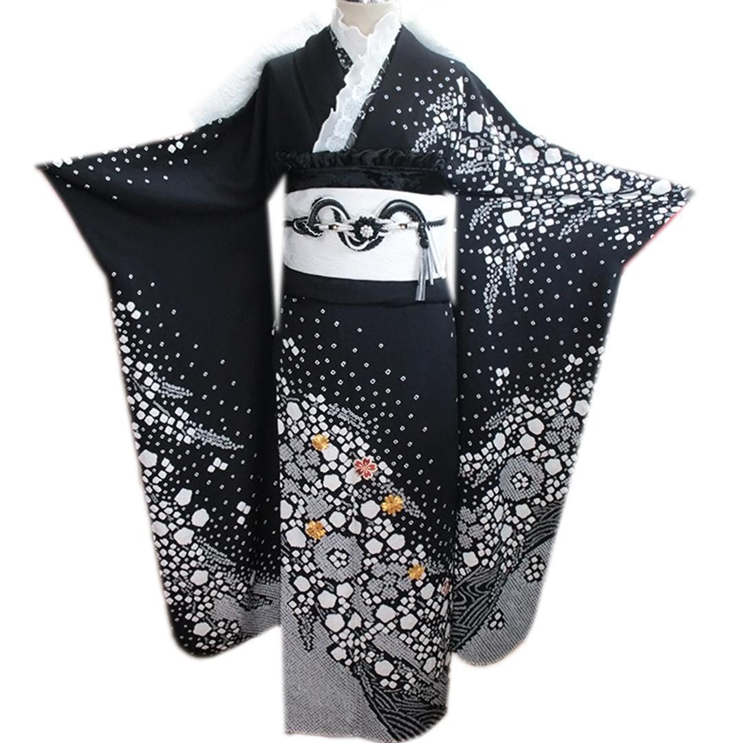 人気■絞り！黒×白■成人式振袖点単品BB14