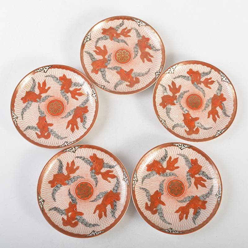 りんぞう　赤絵八郎手　金魚文　手塩皿　小皿　五客　時代箱　D　R7514