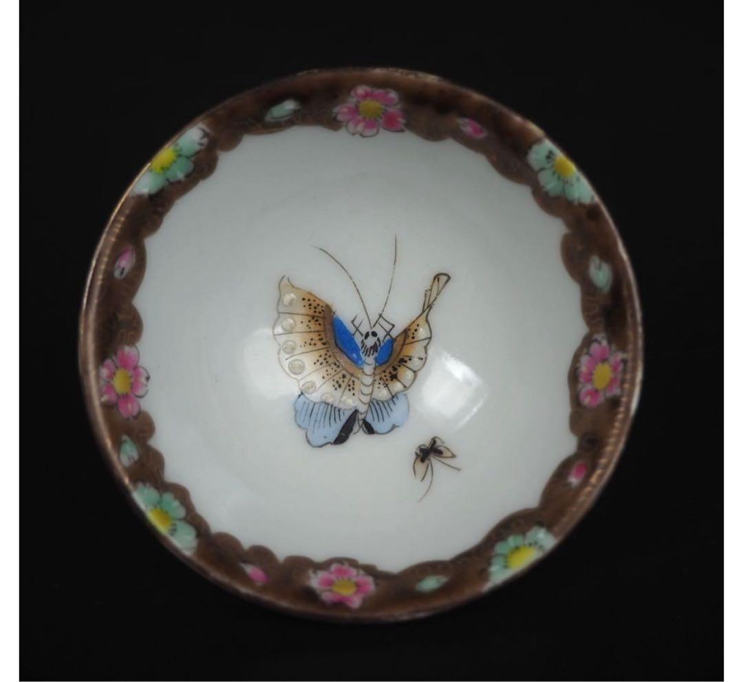 送料無料　京焼 大日本永楽製　蝶々紋色絵煎茶碗５客　茶道具 煎茶道具